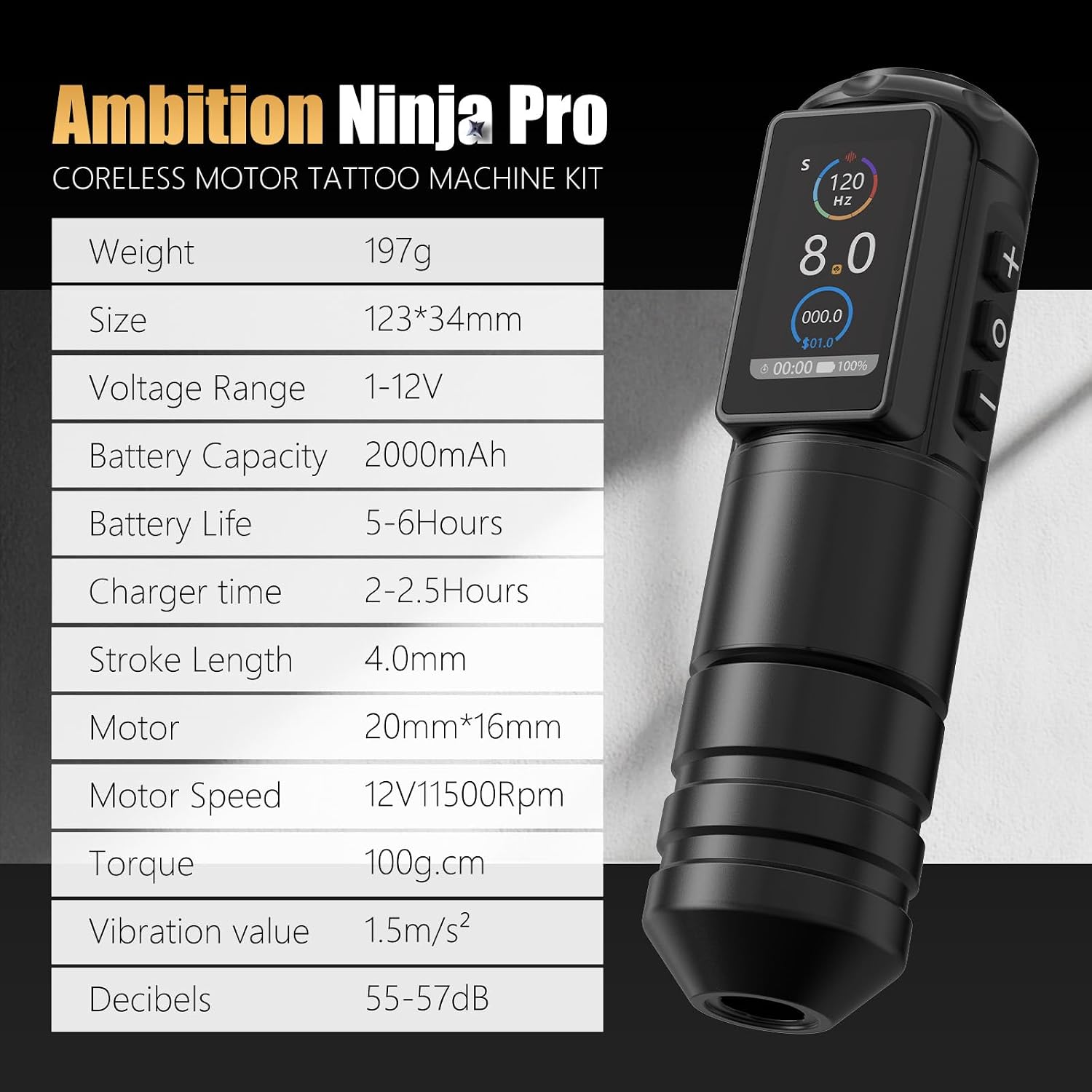 Ninja Pro Tattoo Machine with Coreless Motor - Rotary Cartridge Tattoo Pen with 2000mAh Power Supply for