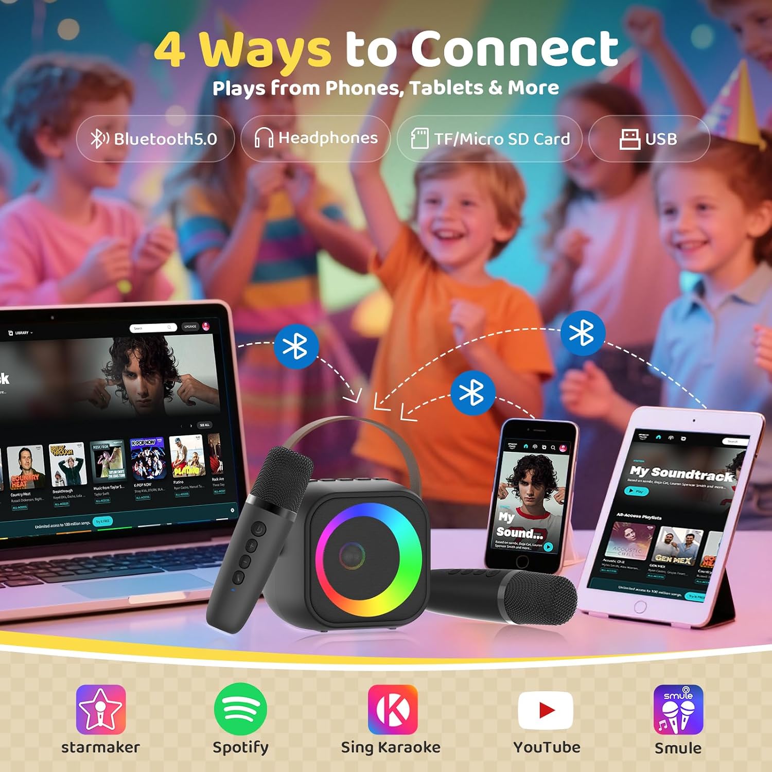 Mini Karaoke Machine, Portable Bluetooth Karaoke Speaker with 2 Wireless Microphones, Singing Machine with Party