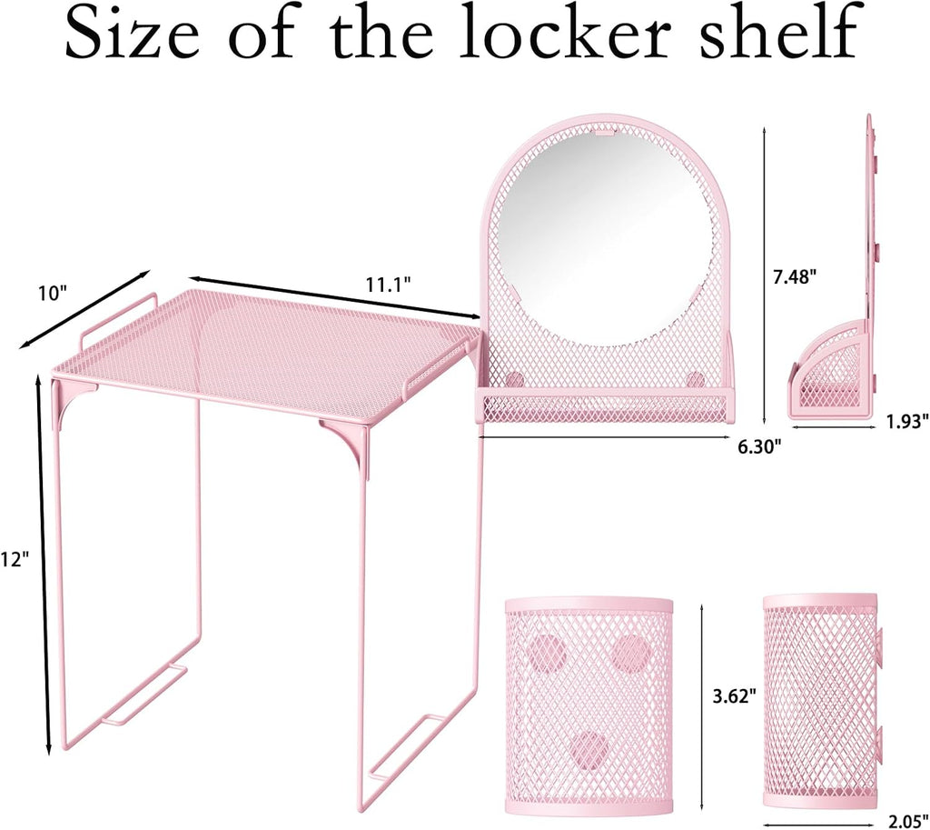 Locker Shelf with Locker Mirror Magnetic & 2 Magnetic Pen Cups, Locker Organizer for Work, Mesh Metal Locker