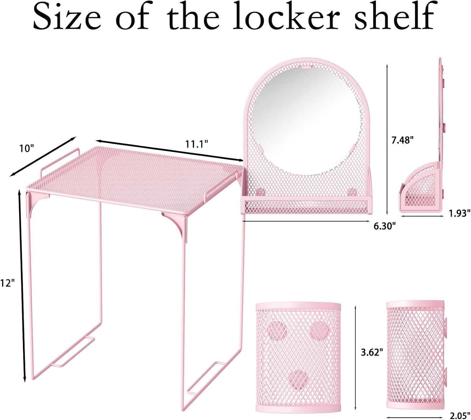 Locker Shelf with Locker Mirror Magnetic & 2 Magnetic Pen Cups, Locker Organizer for Work, Mesh Metal Locker