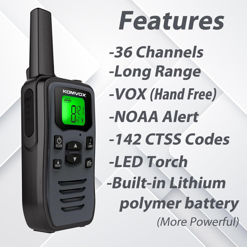 Gray Rechargeable Walkie Talkies for Adults, Long Range 36 Channels FRS GMRS Two Way Radios with NOAA Weather Alert