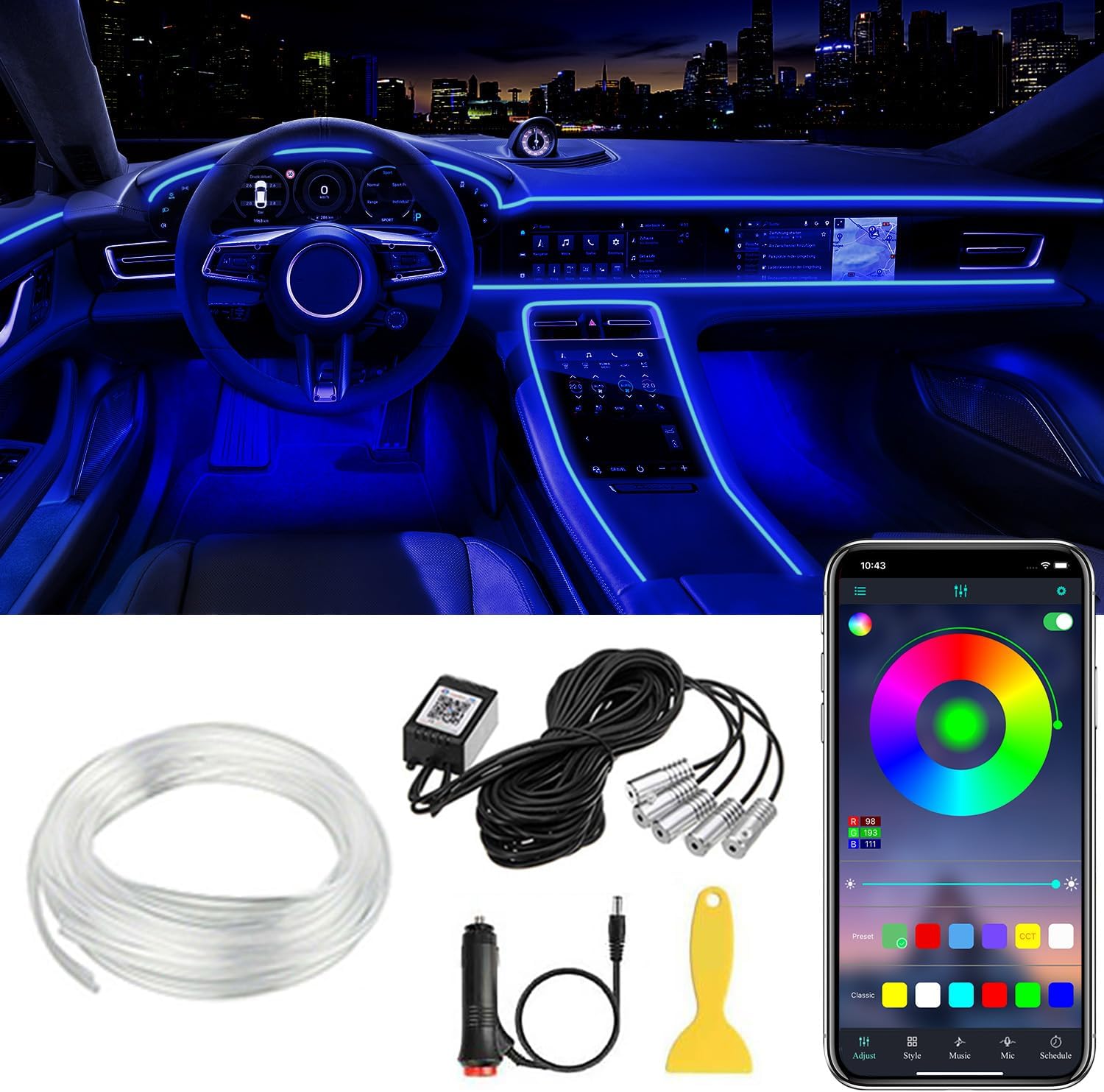 Interior Car LED Strip Lights APP Control, 5 in 1 RGB 16 Million Colors Ambient Lighting Kit with 236 inches Fiber