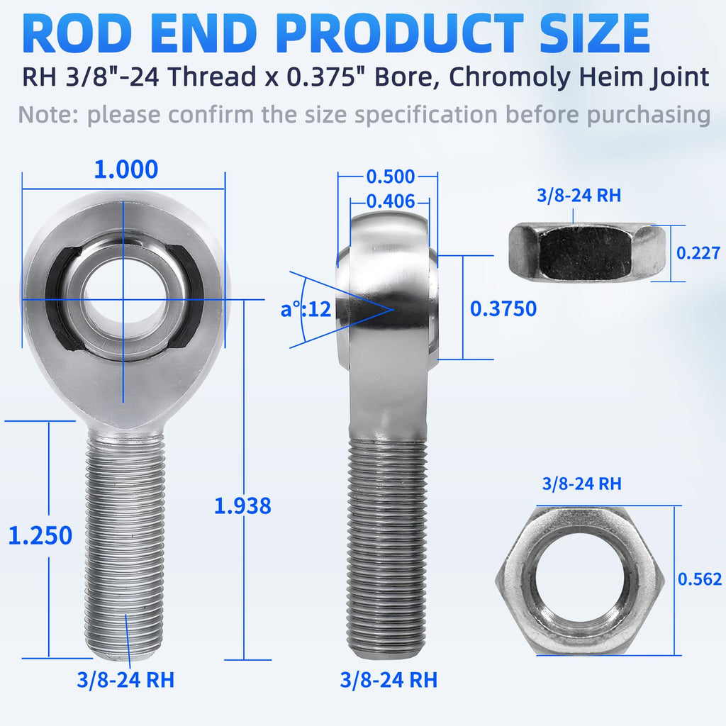 YIFUOK 3/8"-24 Rod End Bearing, RH Thread Heim Joint Kit