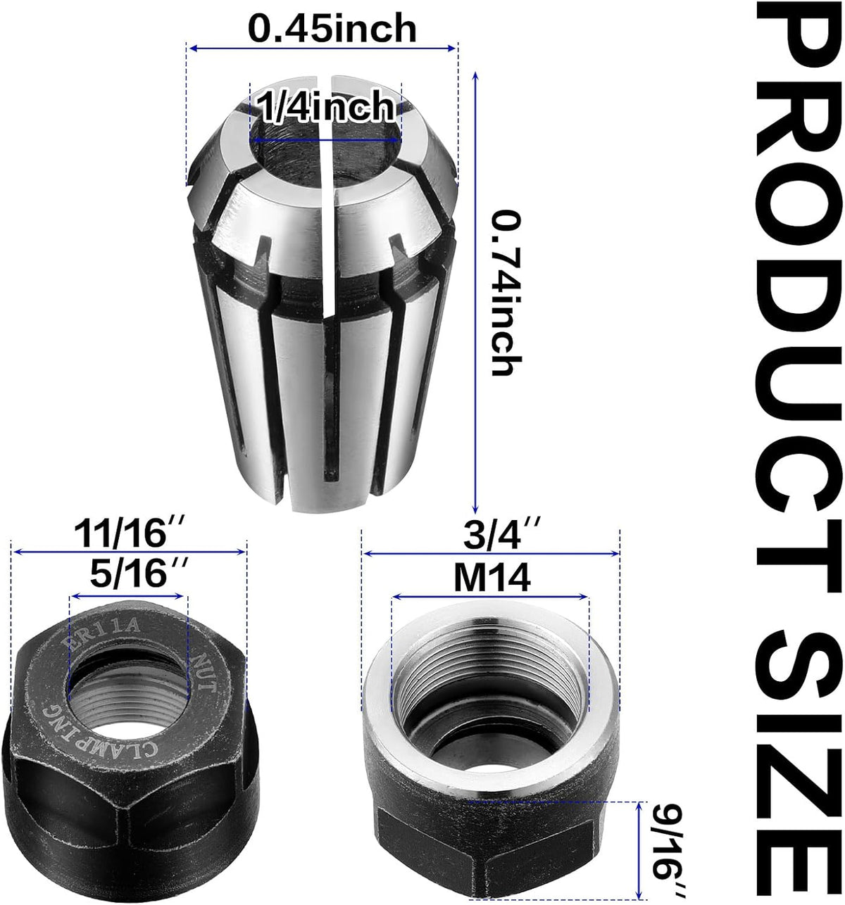 Shimeyao 9 Pcs ER11 Spring Collet Set 1/4'' with Clamping Nut for Cnc