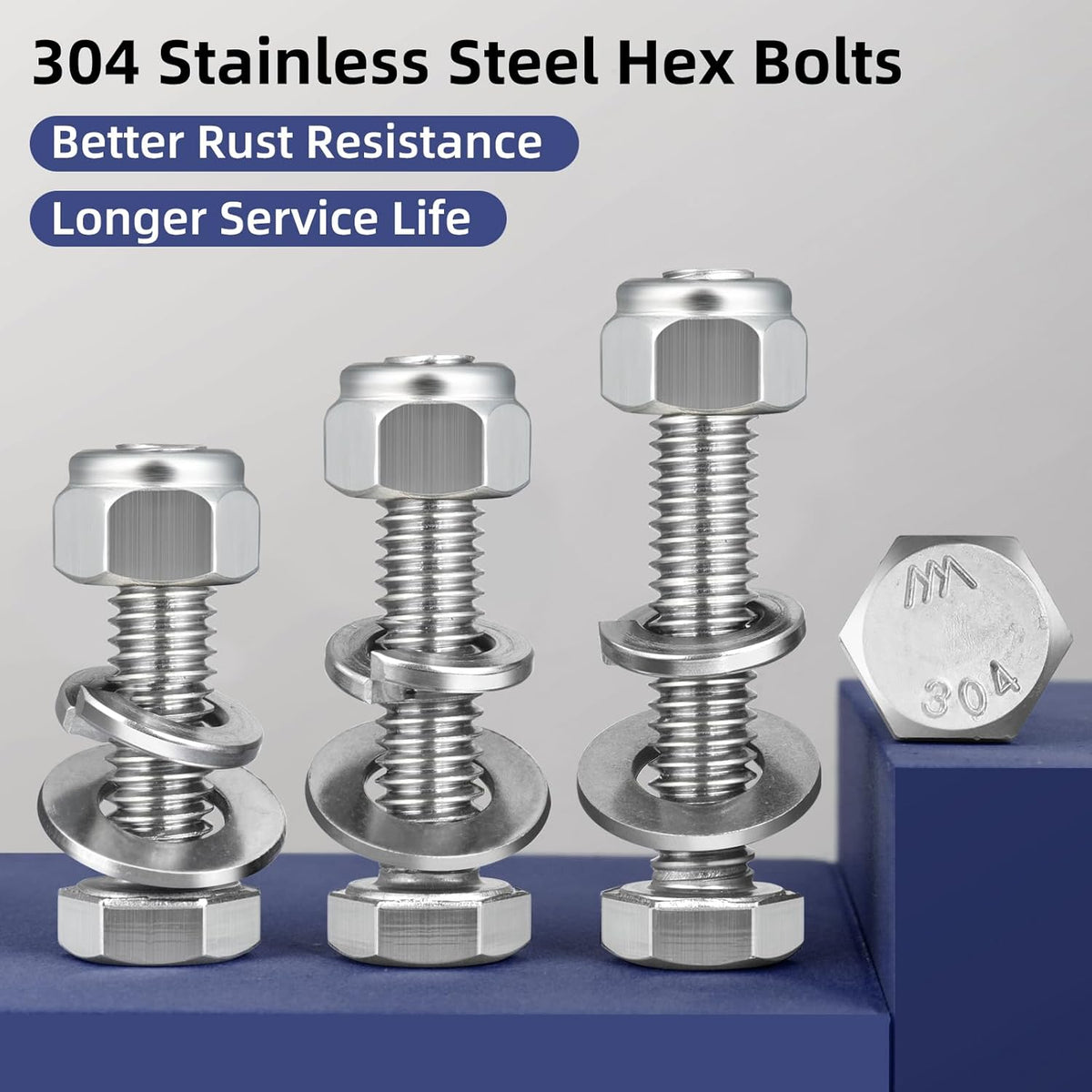(4 Sets) 3/8-16 x 2-1/2" Hex Head Screw Bolt,Lock Nuts,Flat & Lock Washers Kits,304 Stainless Steel 18-8,Fully Threaded