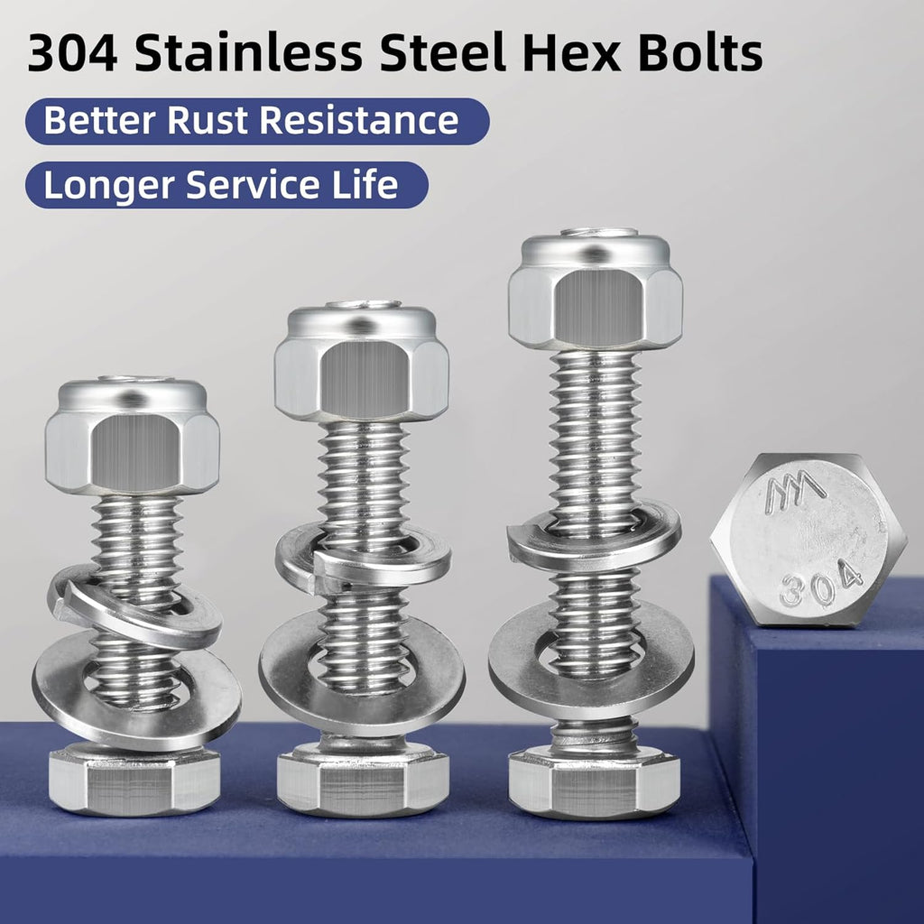 (4 Sets) 3/8-16 x 5 Hex Head Screw Bolt,Lock Nuts,Flat & Lock Washers Kits,304 Stainless Steel 18-8,Fully Threaded
