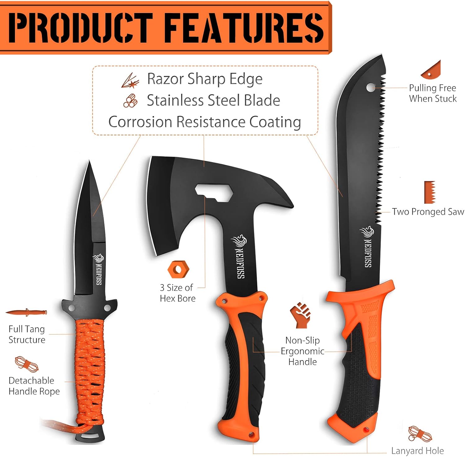 15 Inch Machete, 10 Inch Camping Axes Hatchets Machetes Knife Set | with Shock Reduction Handle, Survival Machete for