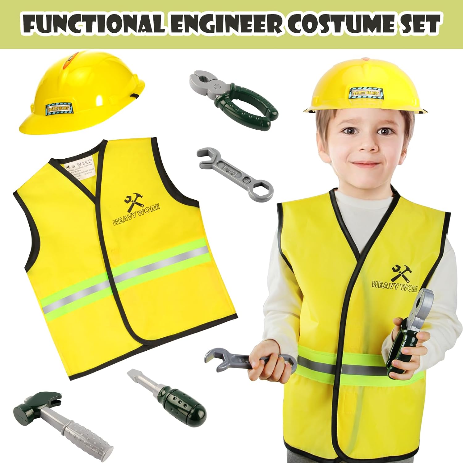 Boys Dress up Trunk Costumes Set,15pcs Pretend Role Play Set Fireman, Police, Construction Worker Costume with