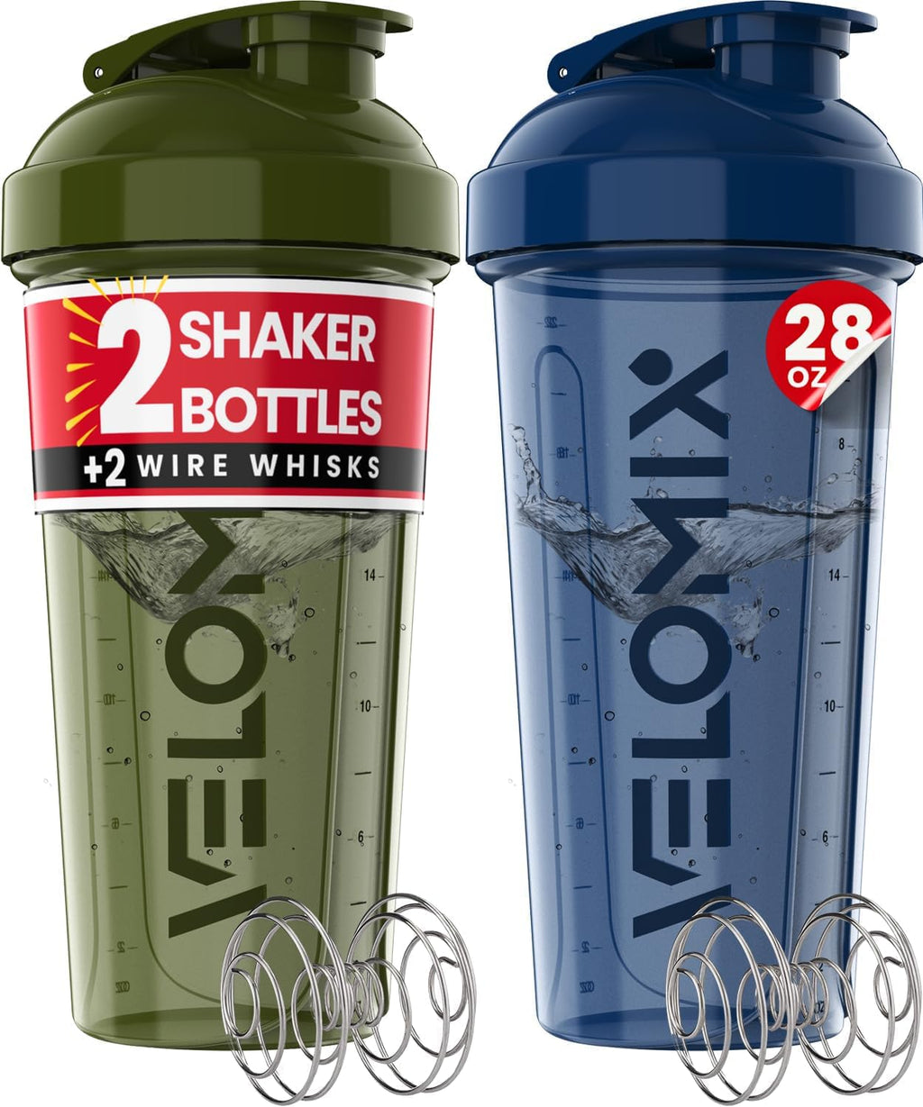 2 Pack 28oz Protein Shaker Bottle for Protein Mixes, Blue/Green | 2x Wire Whisk, Leak Proof Shaker Cups for Protein