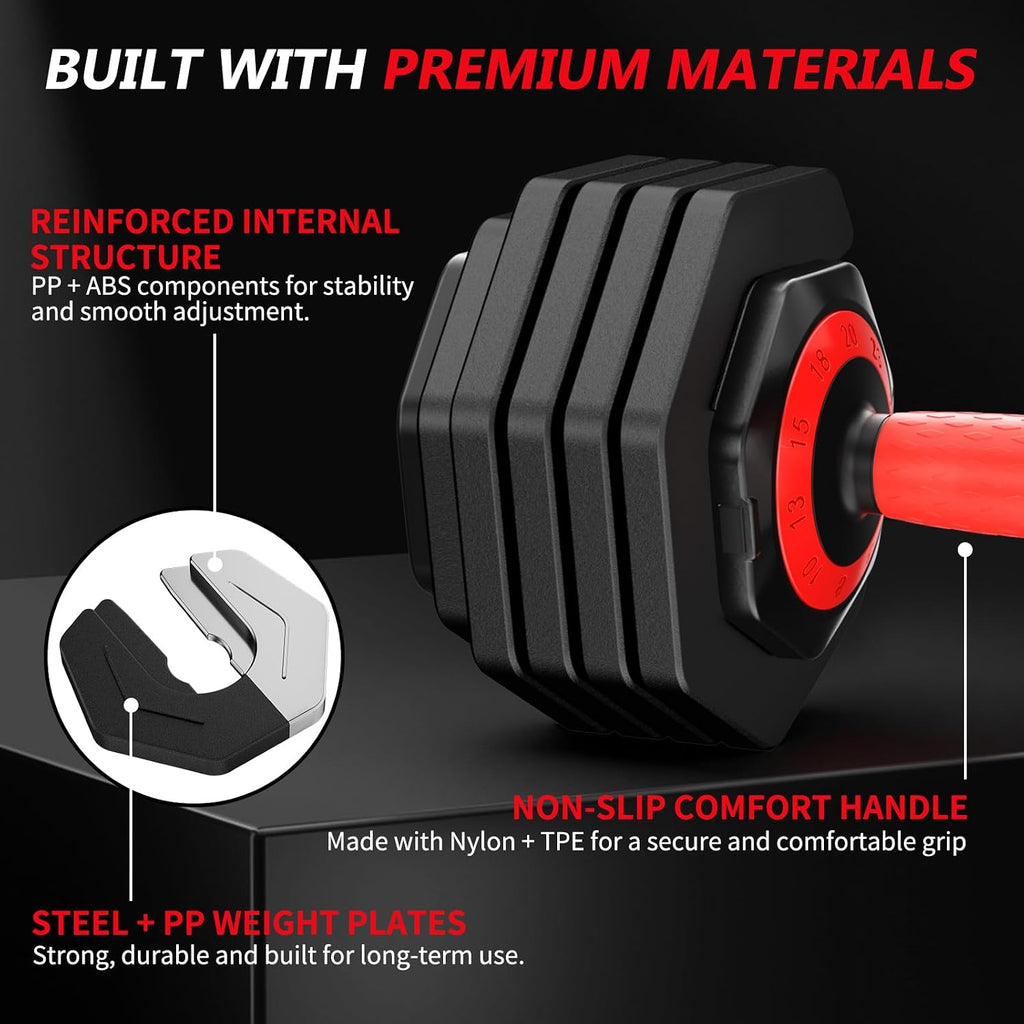Adjustable Dumbbell Set Pair 25 lb or 50 lb, Adjustable Dumbbells 10-in-1 Free Weight Set, 1-Second Dial Weight