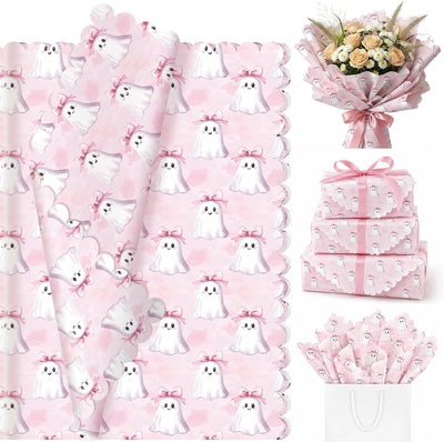 60 Sheets Pink Halloween Scalloped Edge Tissue Paper, Pink Bow Cute Ghost Pattern Art Crafts Paper for Halloween Baby