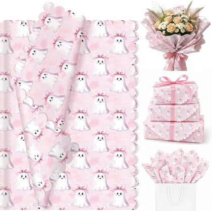 60 Sheets Pink Halloween Scalloped Edge Tissue Paper, Pink Bow Cute Ghost Pattern Art Crafts Paper for Halloween Baby