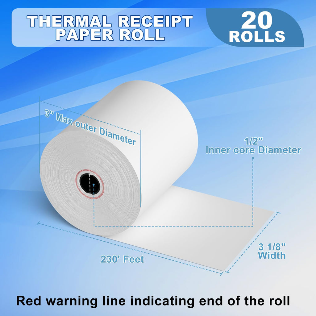 3 1/8" x 230ft Thermal Receipt Paper Cash Register Paper 20 Rolls