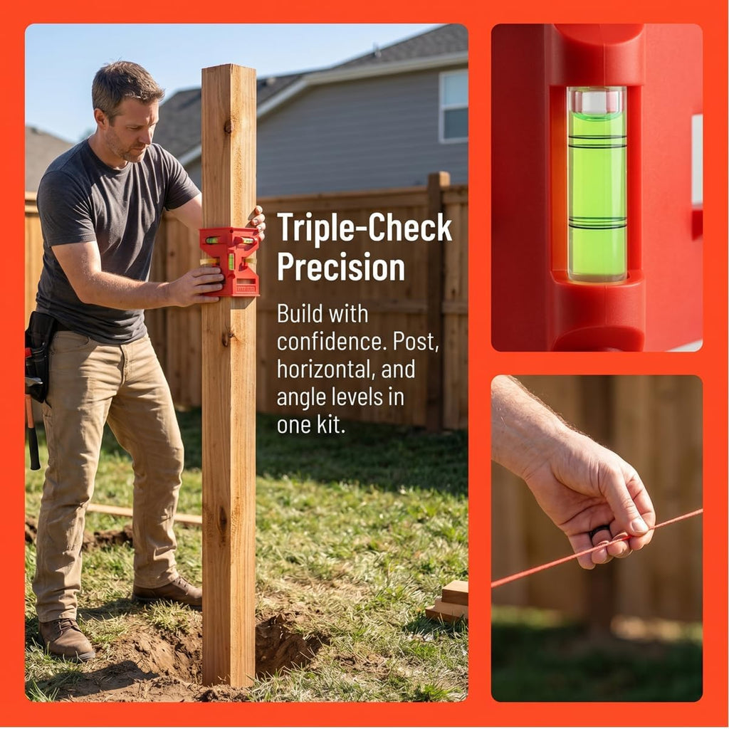 Post Level String Line Kit for masonry & fence post leveling | Includes post & pipe level with rubber strap,5 line