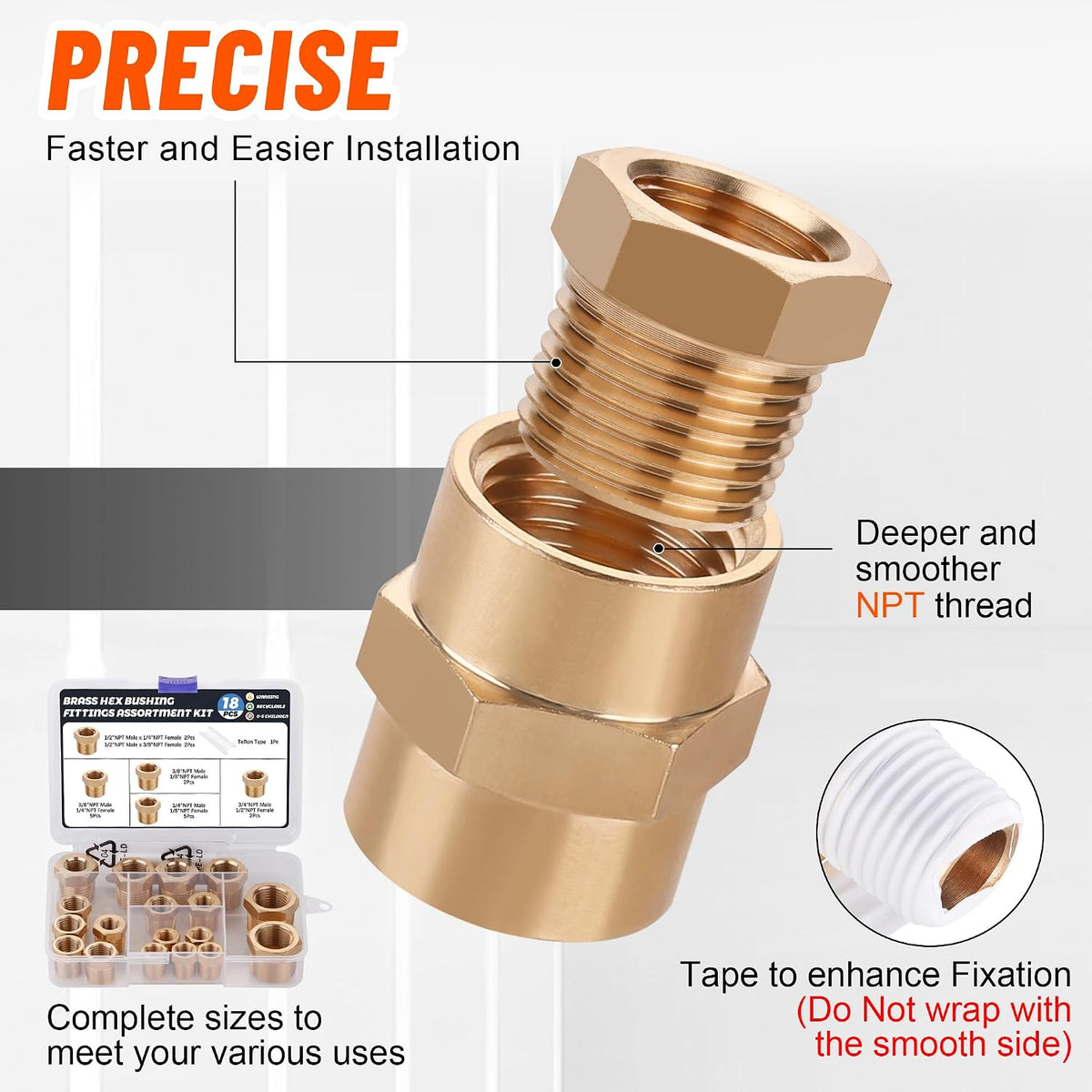 18PCS Brass Hex Reducer Bushing Fitting Kit,NPT Thread