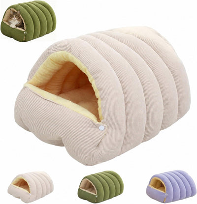 Cat Cave Bed & Dog Cave Bed, Corduroy Covered Pet Bed for Indoor Use (Beige, Small)