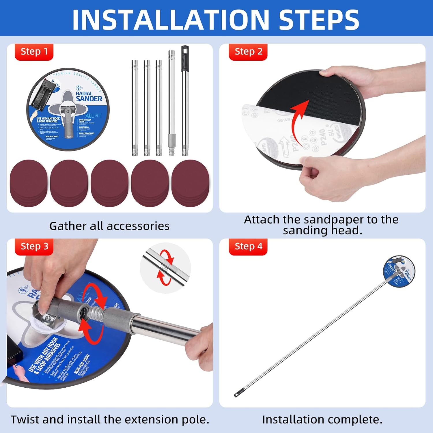 Drywall Pole Sander with 360° LED & 25 Pcs Sandpaper for Low-Light Sanding | Highlights Uneven Spots, 5-Piece