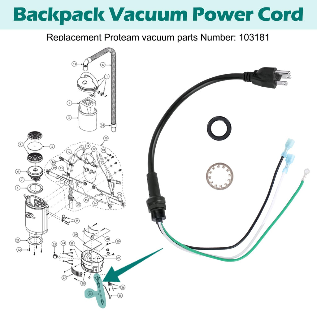 103181 Power Cord Replacement Proteam Vacuum Cord, 3 Wire w/Nut & Washer