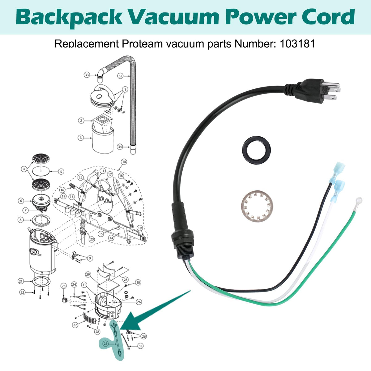 103181 Power Cord Replacement Proteam Vacuum Cord, 3 Wire w/Nut & Washer