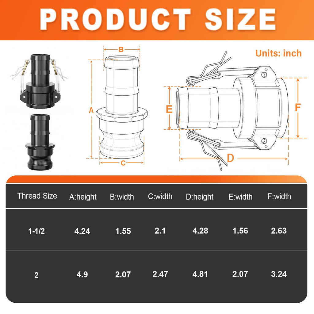 GASHER 4Pcs 1-1/2" Polypropylene Camlock Fitting Type C & E Cam Groove Kit