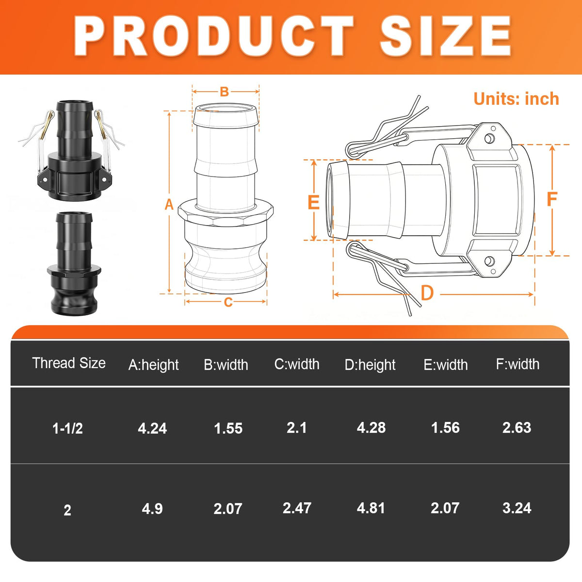 GASHER 4Pcs 1-1/2" Polypropylene Camlock Fitting Type C & E Cam Groove Kit