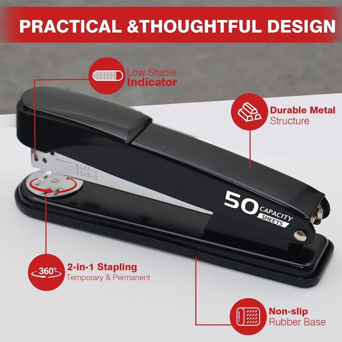 Heavy Duty Stapler, Black Stapler with Staples and Staple Remover for Desk