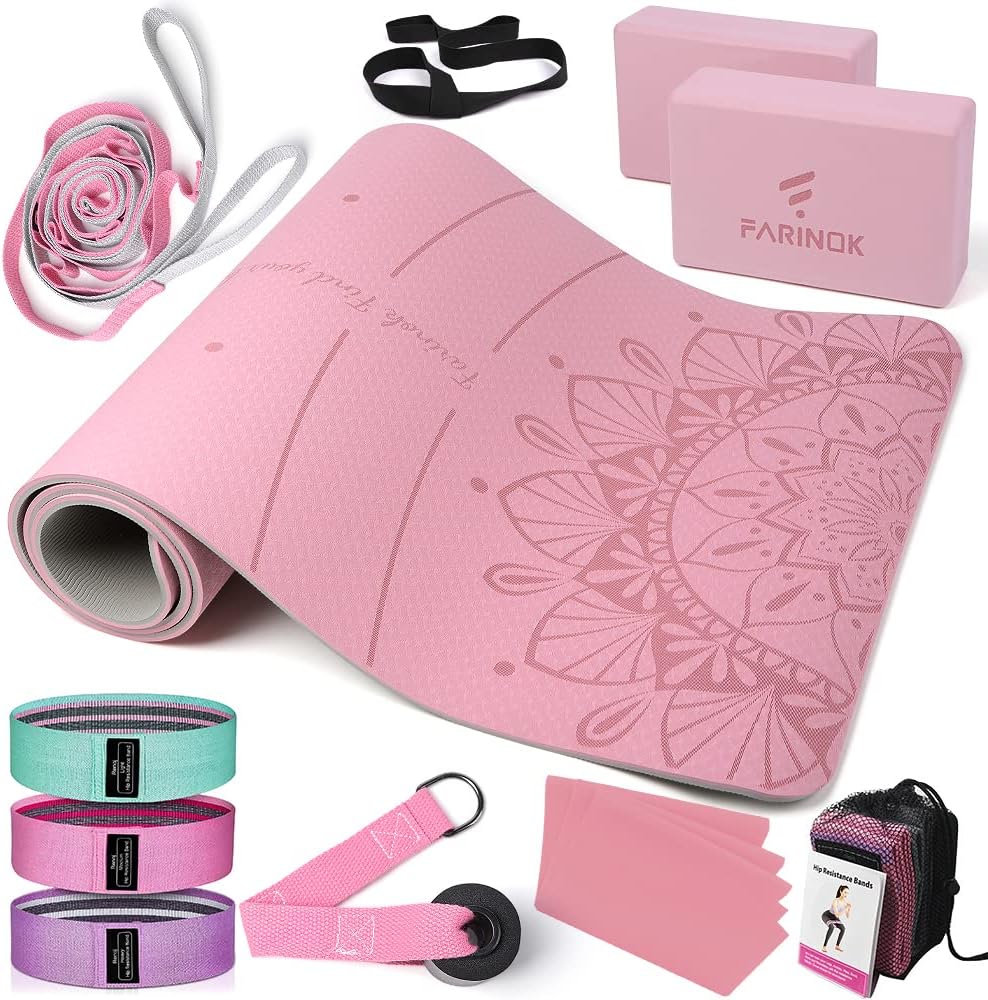1/3 Yoga Mat Thick, Yoga Set for Beginners Include High Density Mat with Multi-loops Strap, Blocks, Booty Resistance