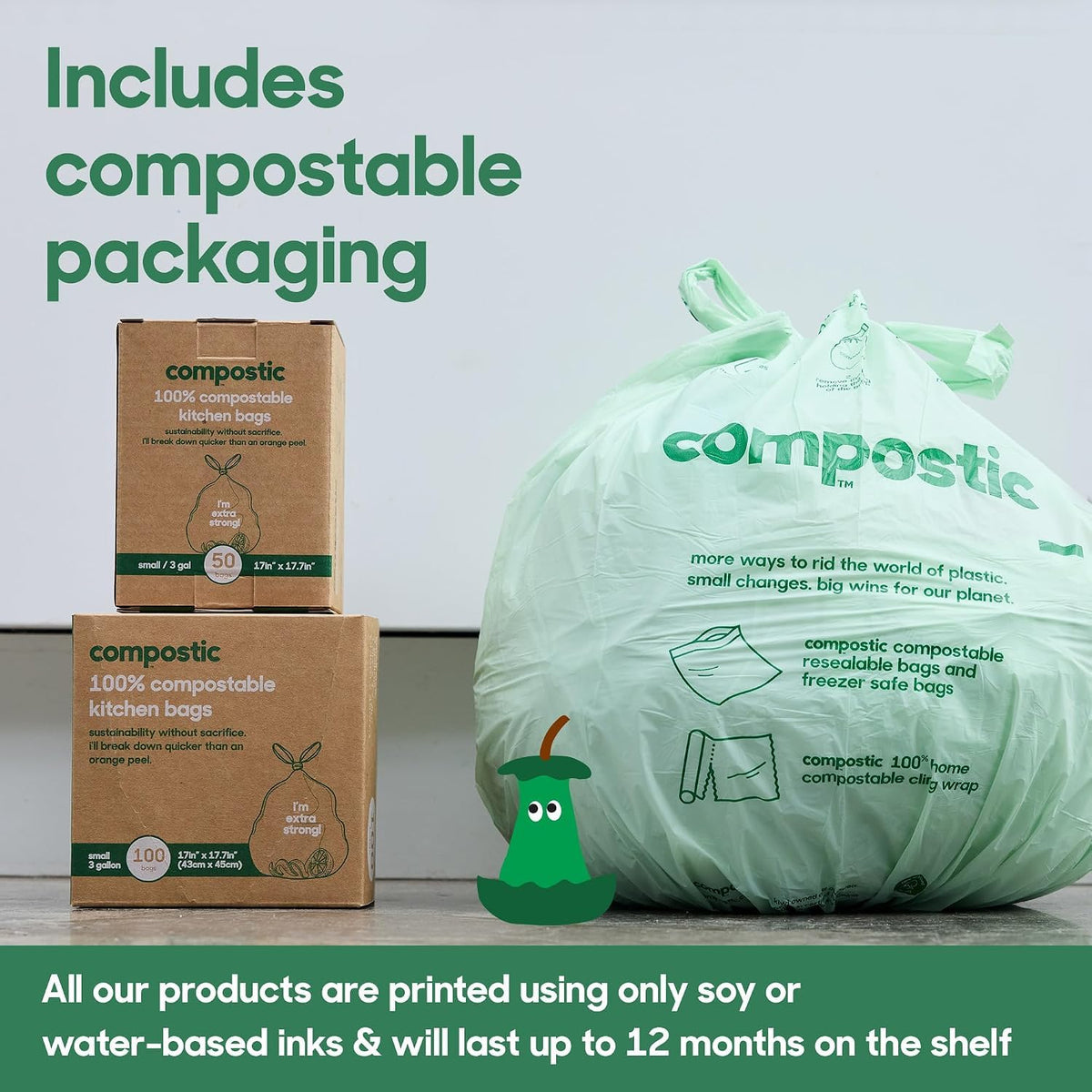 Compostable Small Trash Bags 2.6 Gallon for Bathroom, 200 Ct