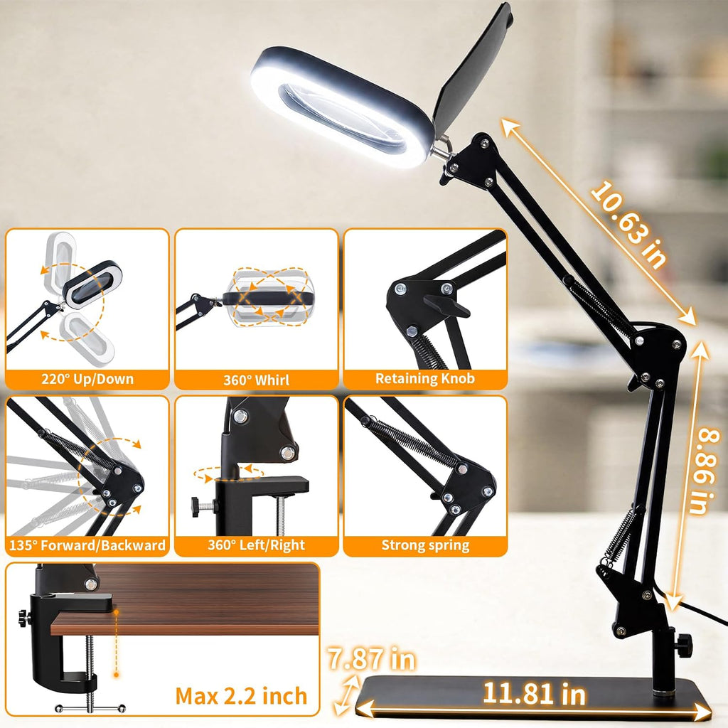 10X 30X Square Magnifying Glass with Light and Stand for Reading, Crafts | LED Magnifier Lamp with Clamp, Real Glass