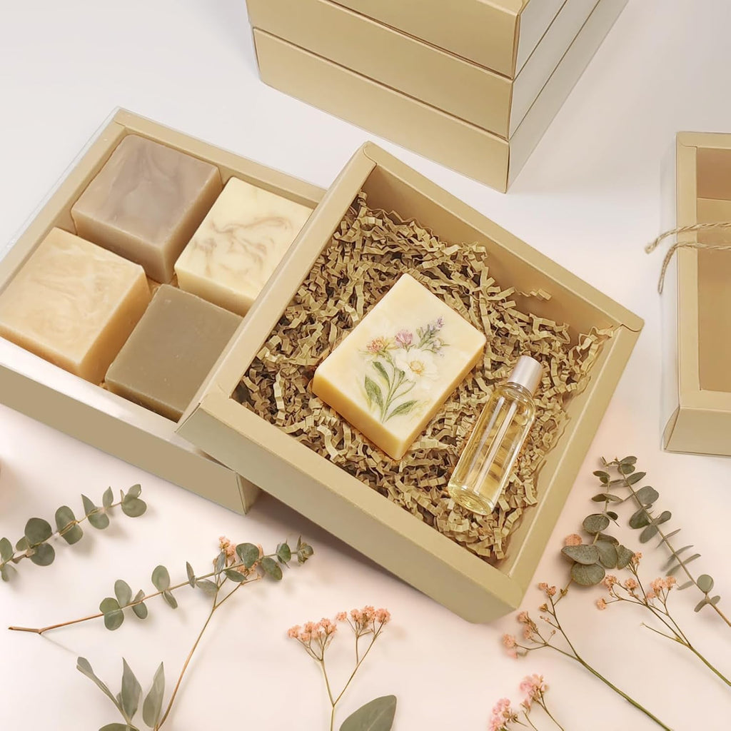 30 Kraft Gift Boxes, 5.5x5.5x2 in with Raffia Blank Tags Jute String