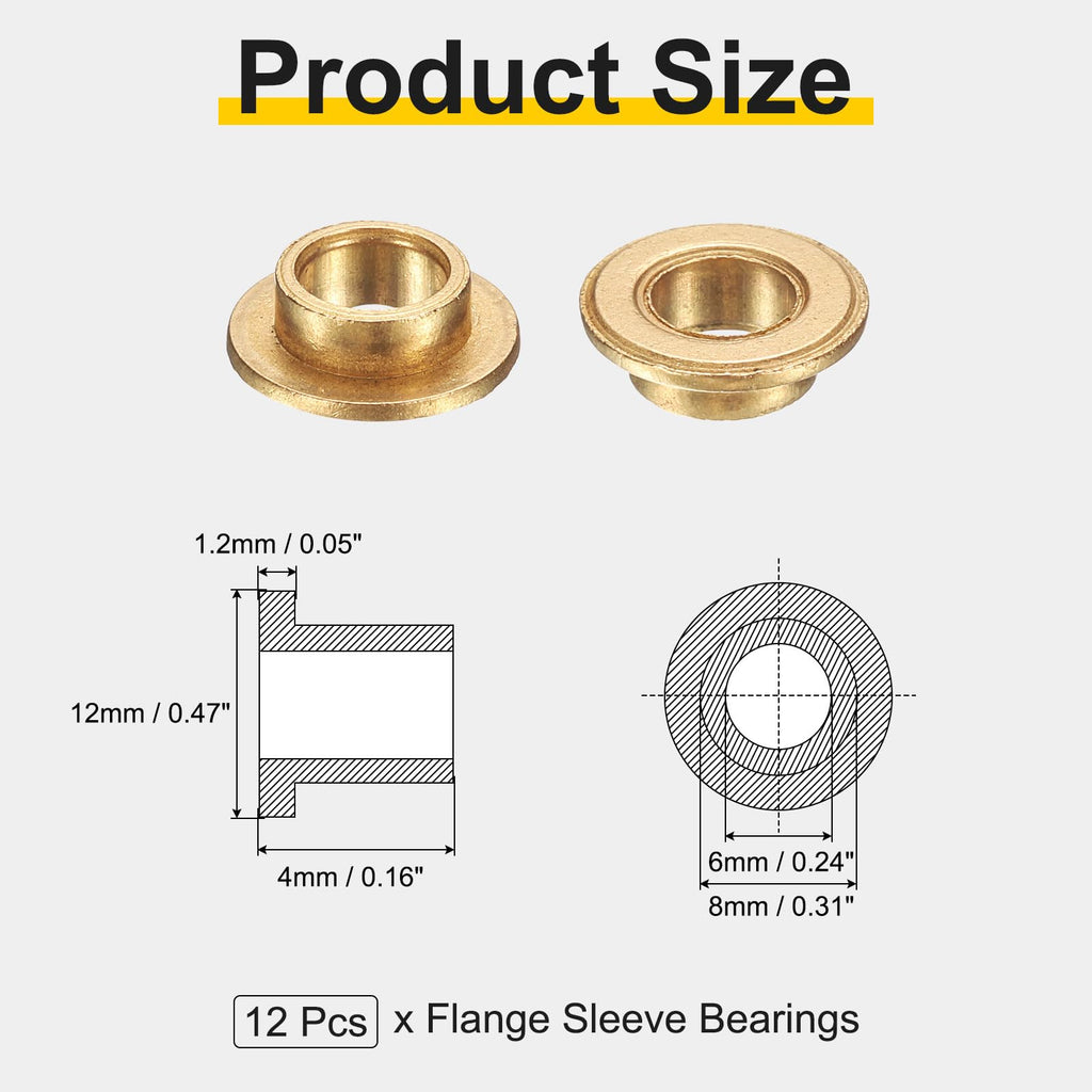 uxcell 12Pcs Flange Sleeve Bearings, 6mm Bore x 8mm OD x 4mm Length, Self-Lubricating Sintered Bronze Bushings