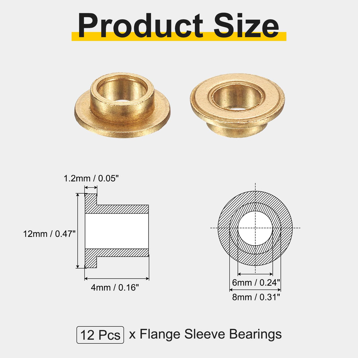 uxcell 12Pcs Flange Sleeve Bearings, 6mm Bore x 8mm OD x 4mm Length, Self-Lubricating Sintered Bronze Bushings