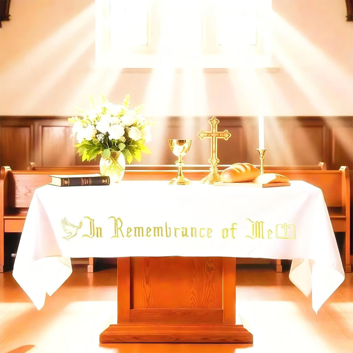 Large In Remembrance of Me Gold Thread Embroidery Altar Frontal Holy Communion Table Cloth Cover 96x52Inch White