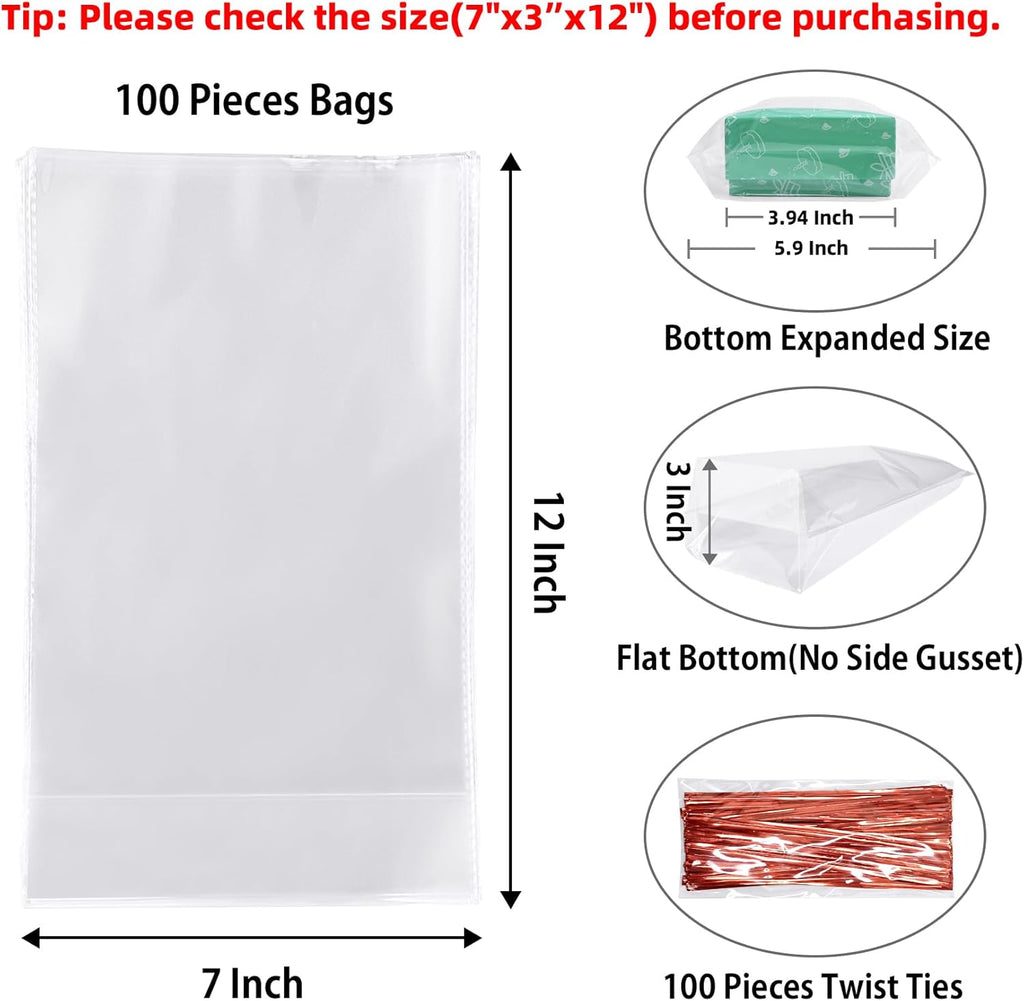 Flat Bottom Cellophane Treat Bags 100 Pcs 7x3x12 Inches