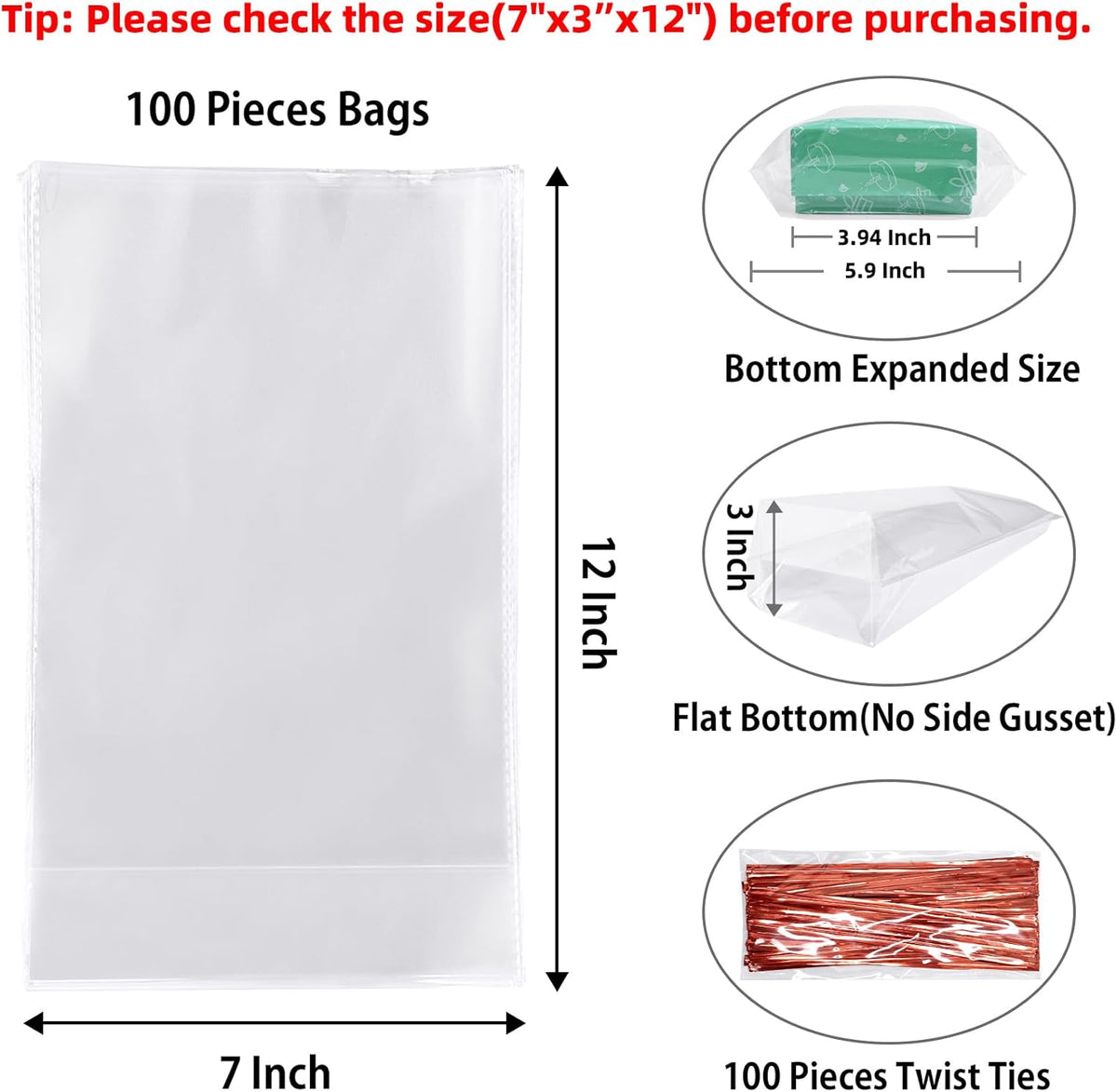 Flat Bottom Cellophane Treat Bags 100 Pcs 7x3x12 Inches