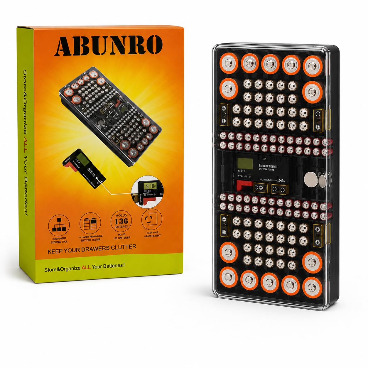 Battery Organizer Storage Case with Tester | Stores & Protects Up to 136 Batteries, Holds AAA AA C D 9V Button Cell