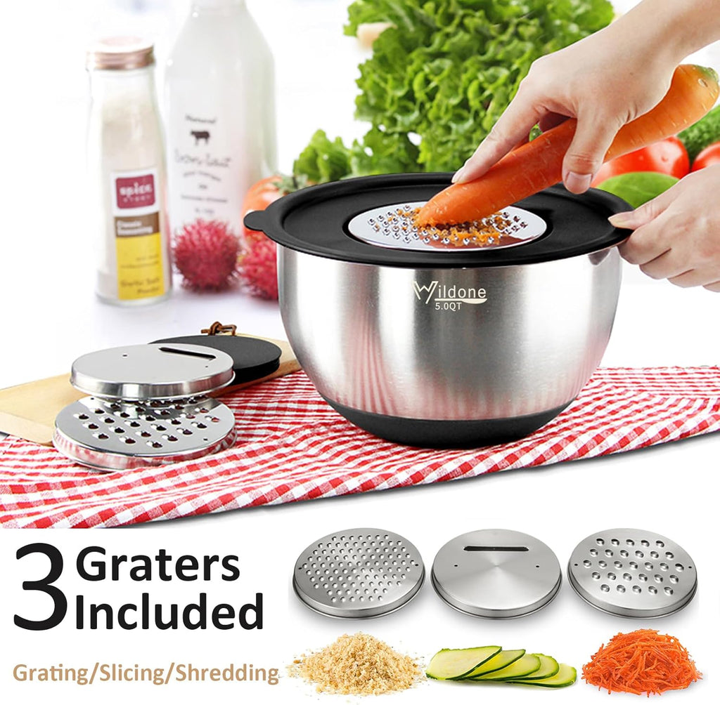 Mixing Bowls with Airtight Lids, 27 PCS Stainless Steel Nesting Bowls, with 3 Grater Attachments, Scale Mark &