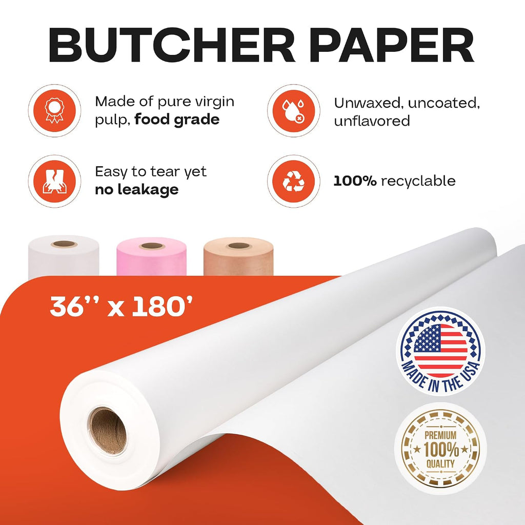 White Butcher Paper 36" x 2160" (180 feet) - USA-Made Natural Paper Roll