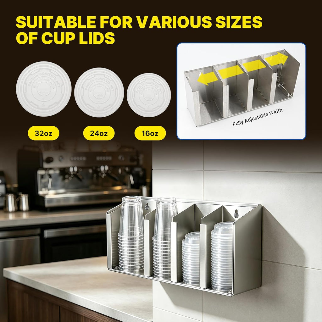 Stainless Steel Cup Dispenser, 4 Compartments Cup & Lid Holder
