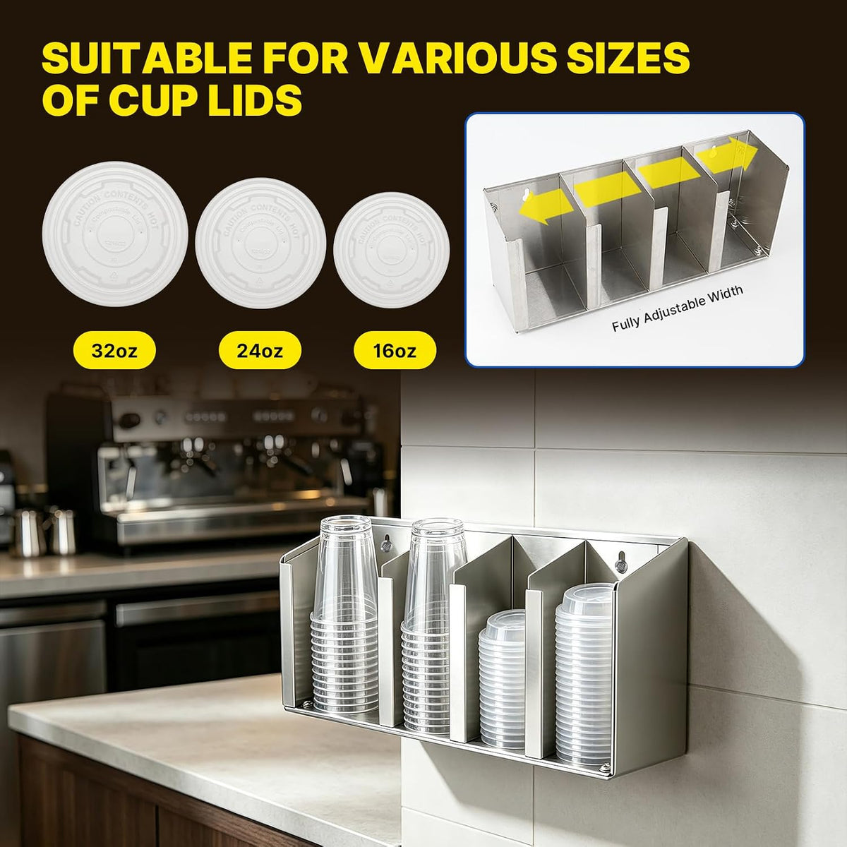 Stainless Steel Cup Dispenser, 4 Compartments Cup & Lid Holder