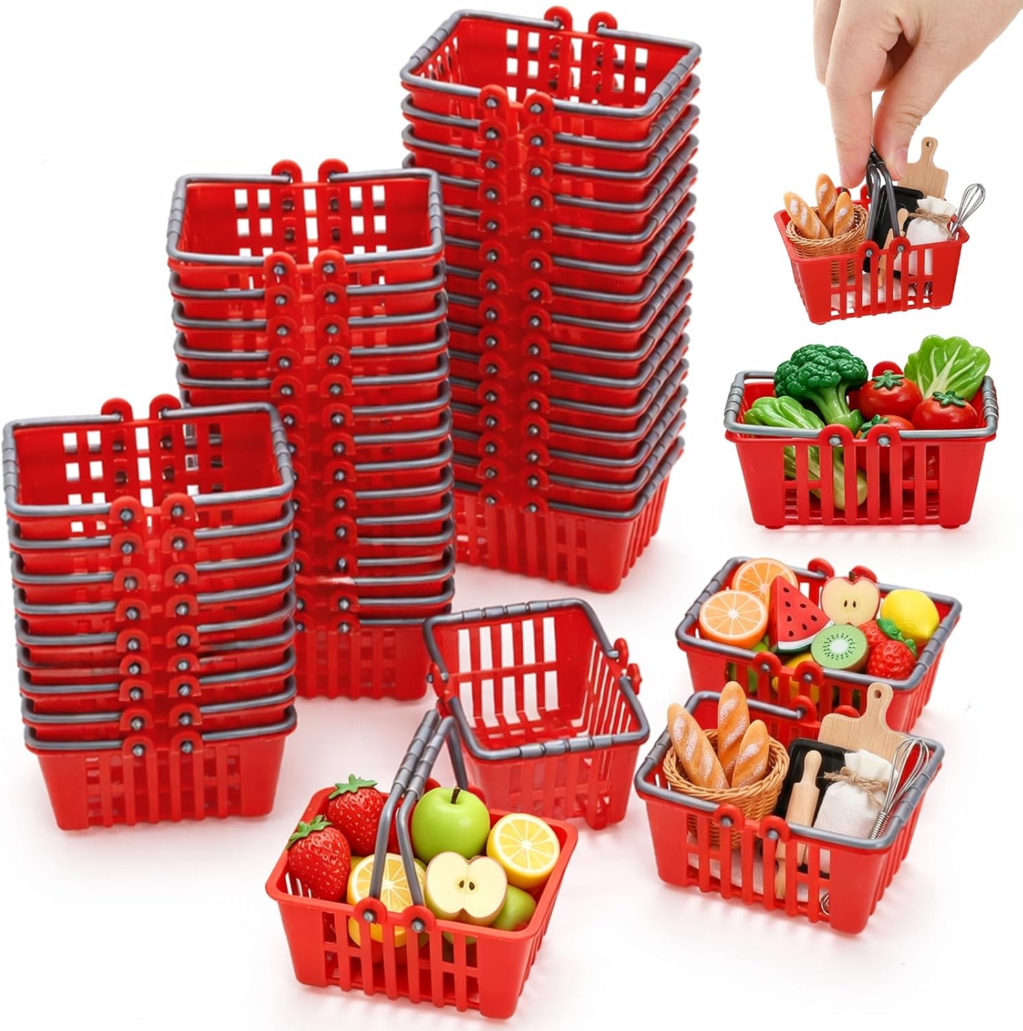 40 Pcs Mini Shopping Baskets, Plastic Mini Shopping Cart, Red Miniature Grocery Cart Supermarket Basket with Handles