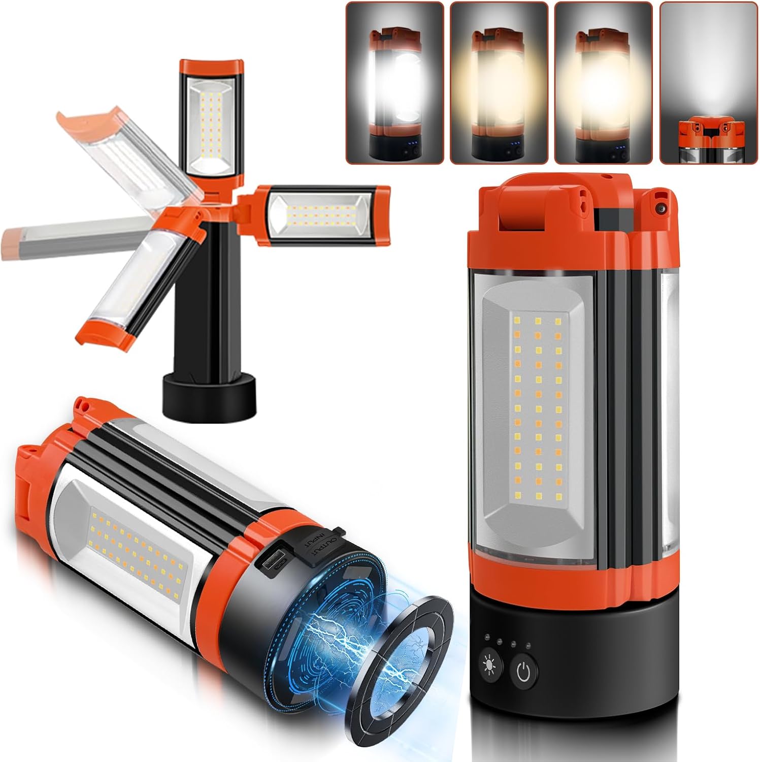 Rechargeable 10000mAh Camping Light, Cordless Work Light with 3 LED Lamp Heads, 2200 Lumens Dimmable Magnetic