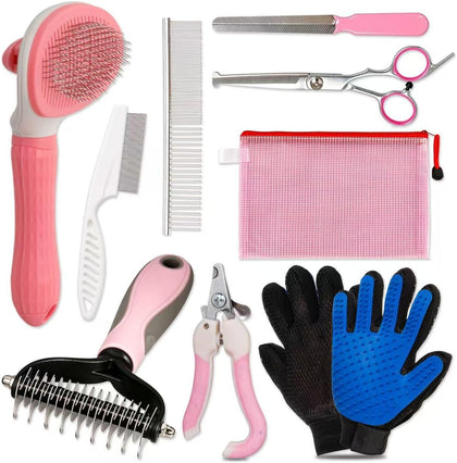 Dog Brush for Shedding 10 Pcs Set, Pet Grooming Kit Tools Pet Nail Clippers Nail Files Flea Comb, Pet Undercoat Long
