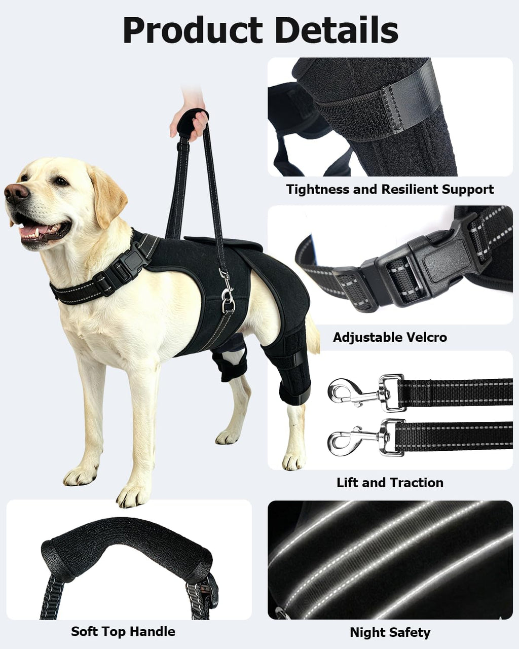 2-in-1 Dog Knee Brace and Lift Harness, Adjustable Back Leg Support with Stabilizers for ACL Recovery & Joint Care