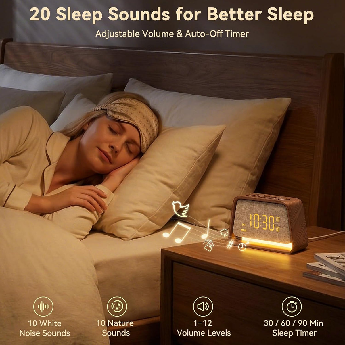 Alarm Clock with White Noise Machine Night Light for Bedroom | 20 Sleep Timer Sounds Machine (30/60/90 min) , Digital