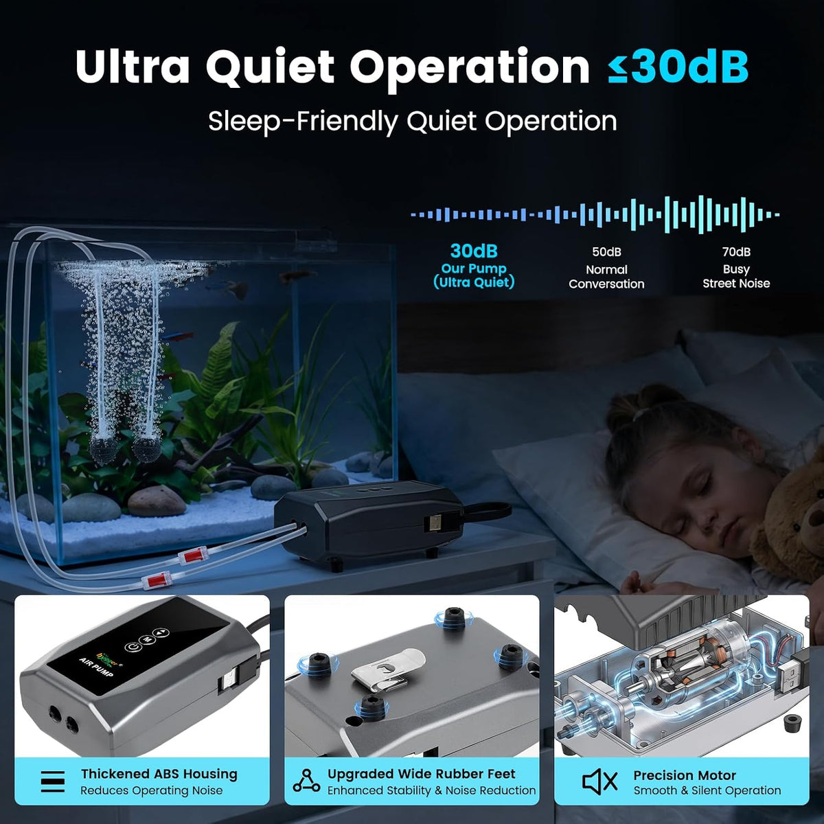 Battery Powered Aquarium Air Pump with Digital Display, Quiet Fish Tank Aerator & Bubbler up to 60 Gal, USB