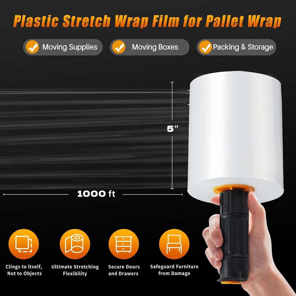 Stretch Film Shrink Wrap for Moving Supplies (5inch, 2 Pack) x 1000ft, Industrial Strength Plastic Wrap Stretch Roll