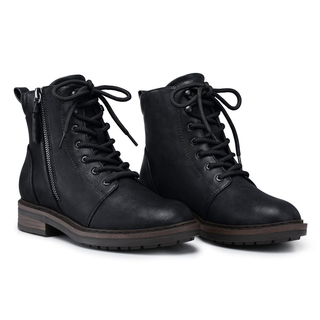 Black Ankle Boots for Women Lace-up Flat Combat Boots Comfortable
