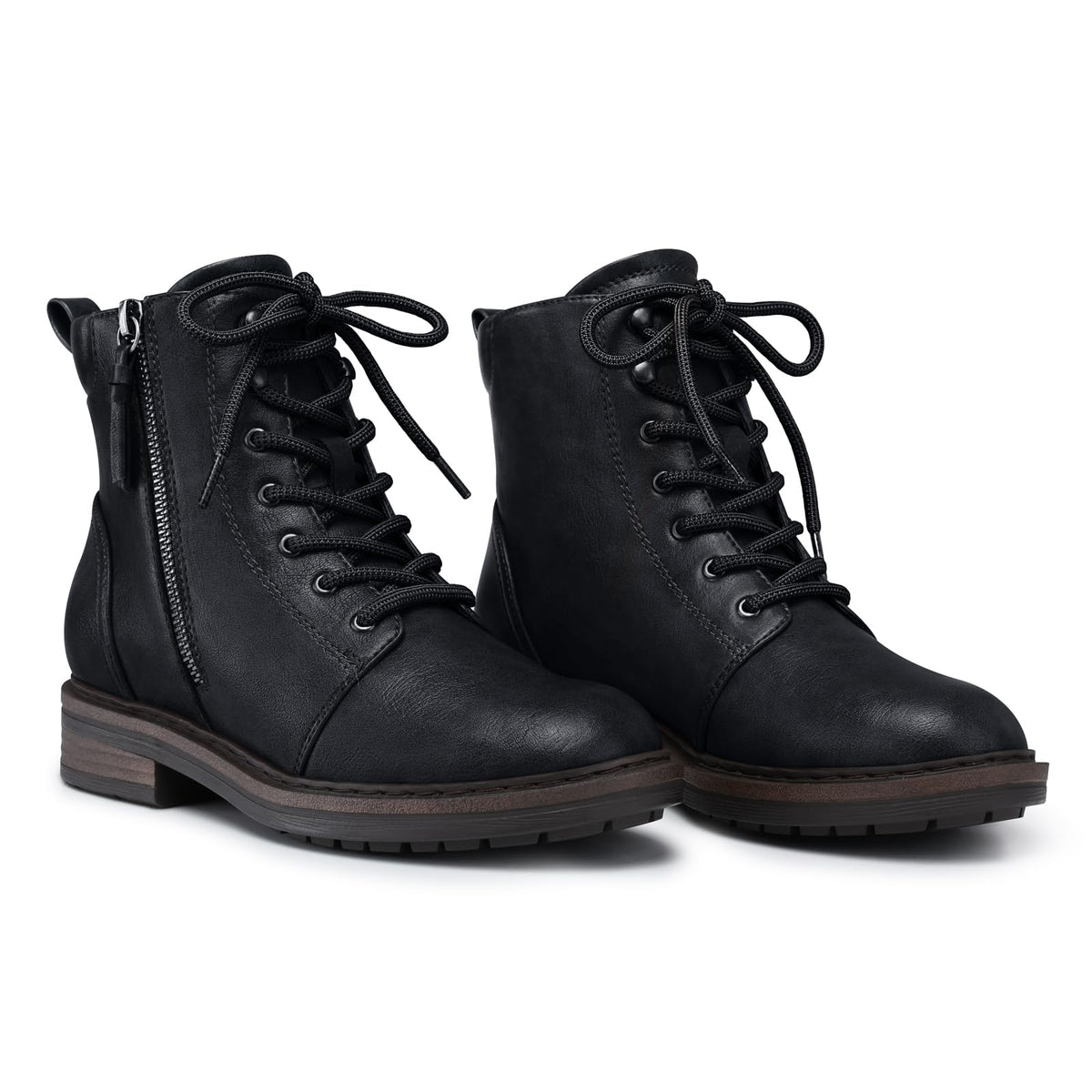 Black Ankle Boots for Women Lace-up Flat Combat Boots Comfortable
