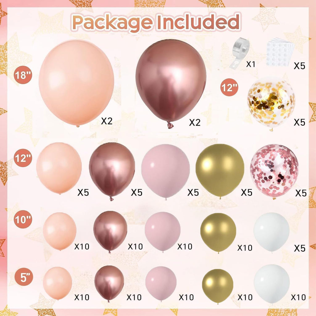 Rose Gold Balloon Garland Kit, Nude Pastel Pink Metallic Gold Matte White Balloons Gold and Rose Gold Confetti